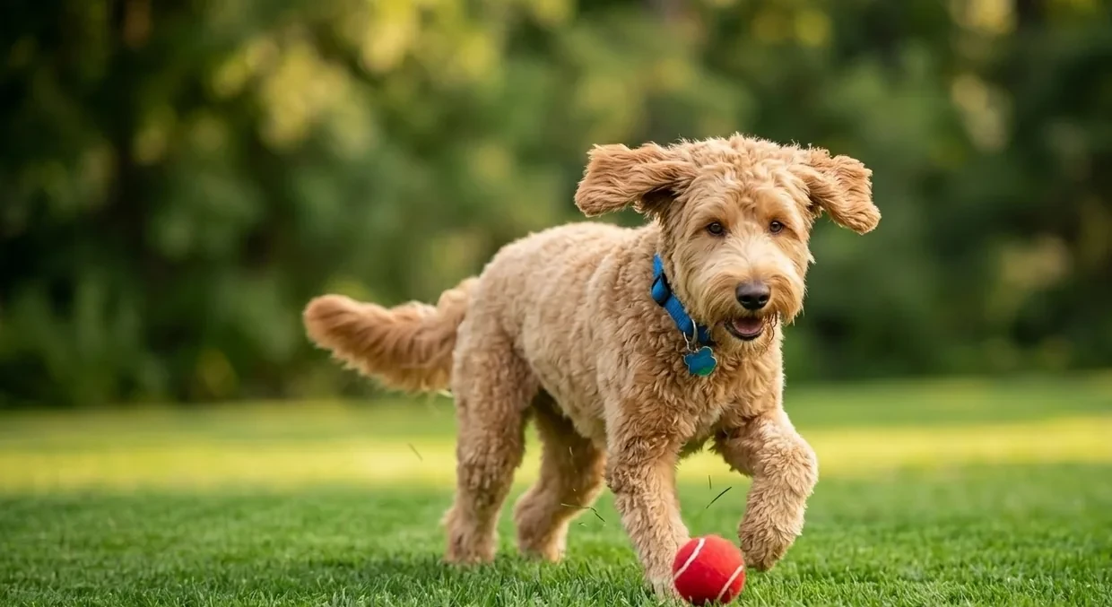 Illustrative happy dog running across a clean green yard